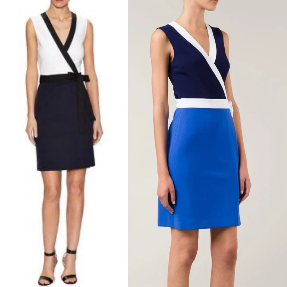 Diane von Furstenberg DVF Gracie Bow Wrap Mini Dress Sleeveless Color Block 6 - Picture 1 of 9